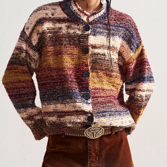 Multicolor Casual Women's Marble Knitted Oversized Cardigan - Picture 6 of 8